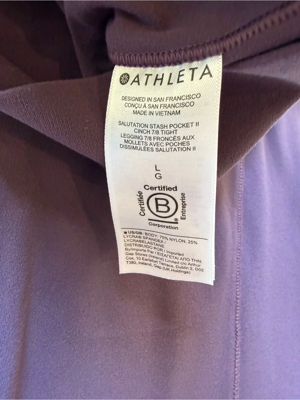 Athleta Salutation Stash Pocket II Cinch 7/8 Tight Plum Large